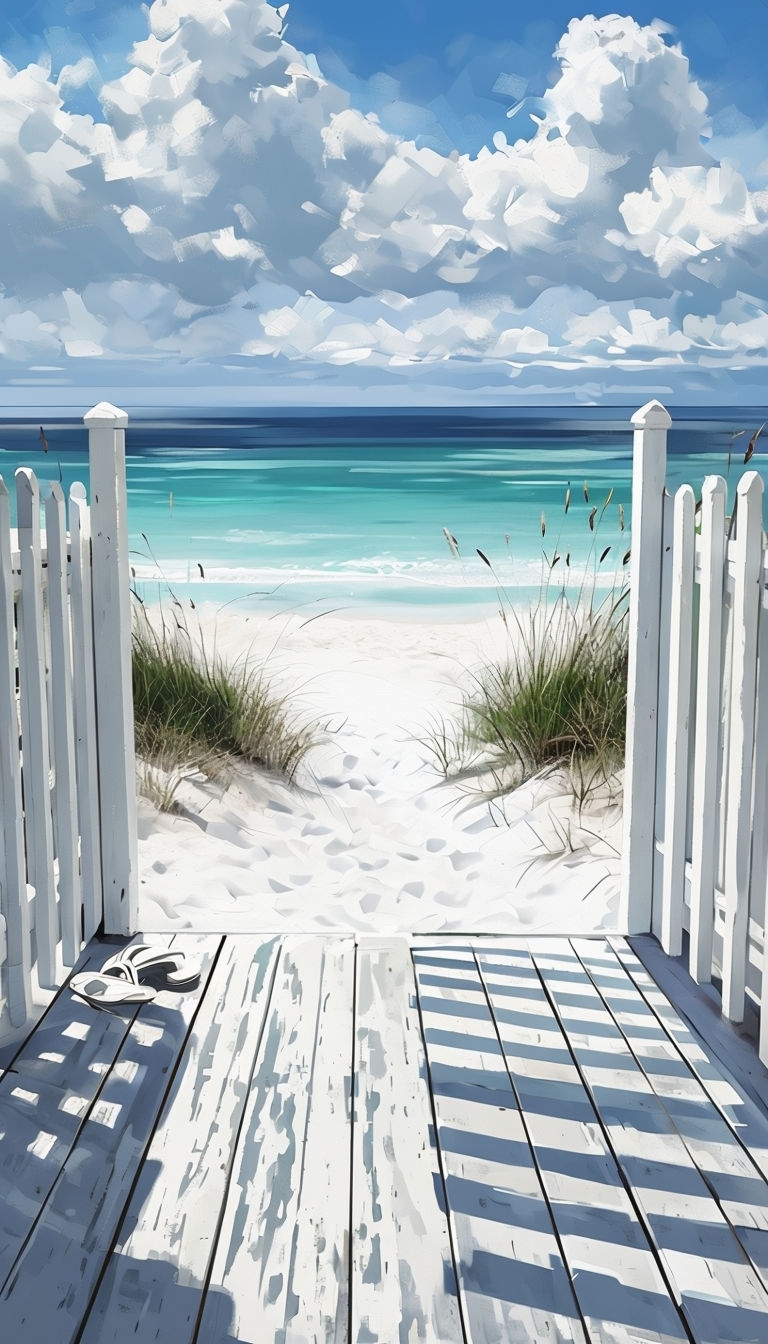 Serene Beach Scene with White Boardwalk and Turquoise Ocean Mobile Wallpaper