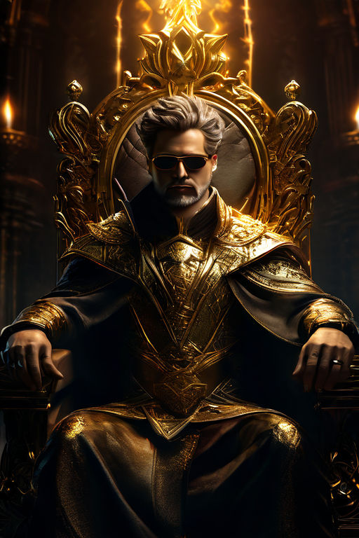 Dark gold king seated on throne cast in a gold glow by Nora Morgan ...