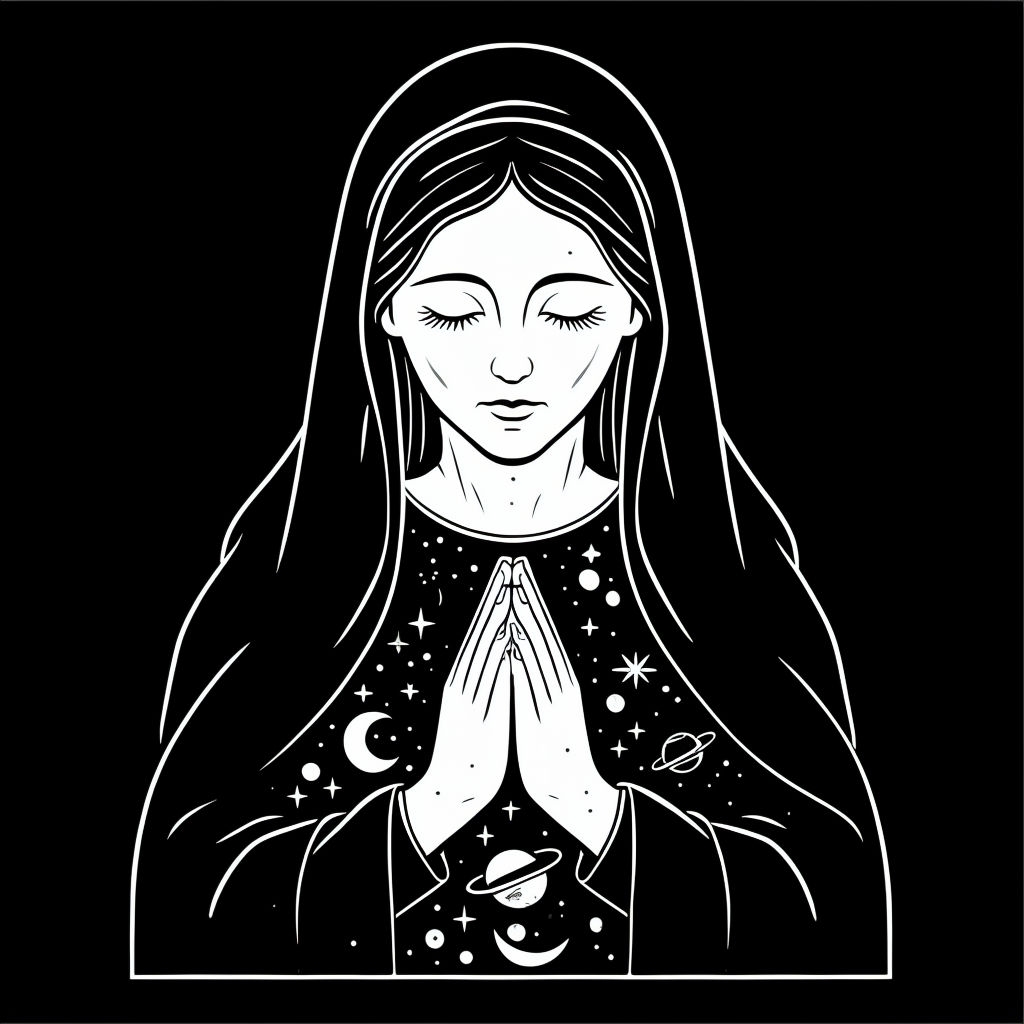 Serene Religious Figure with Celestial Symbols T-Shirt