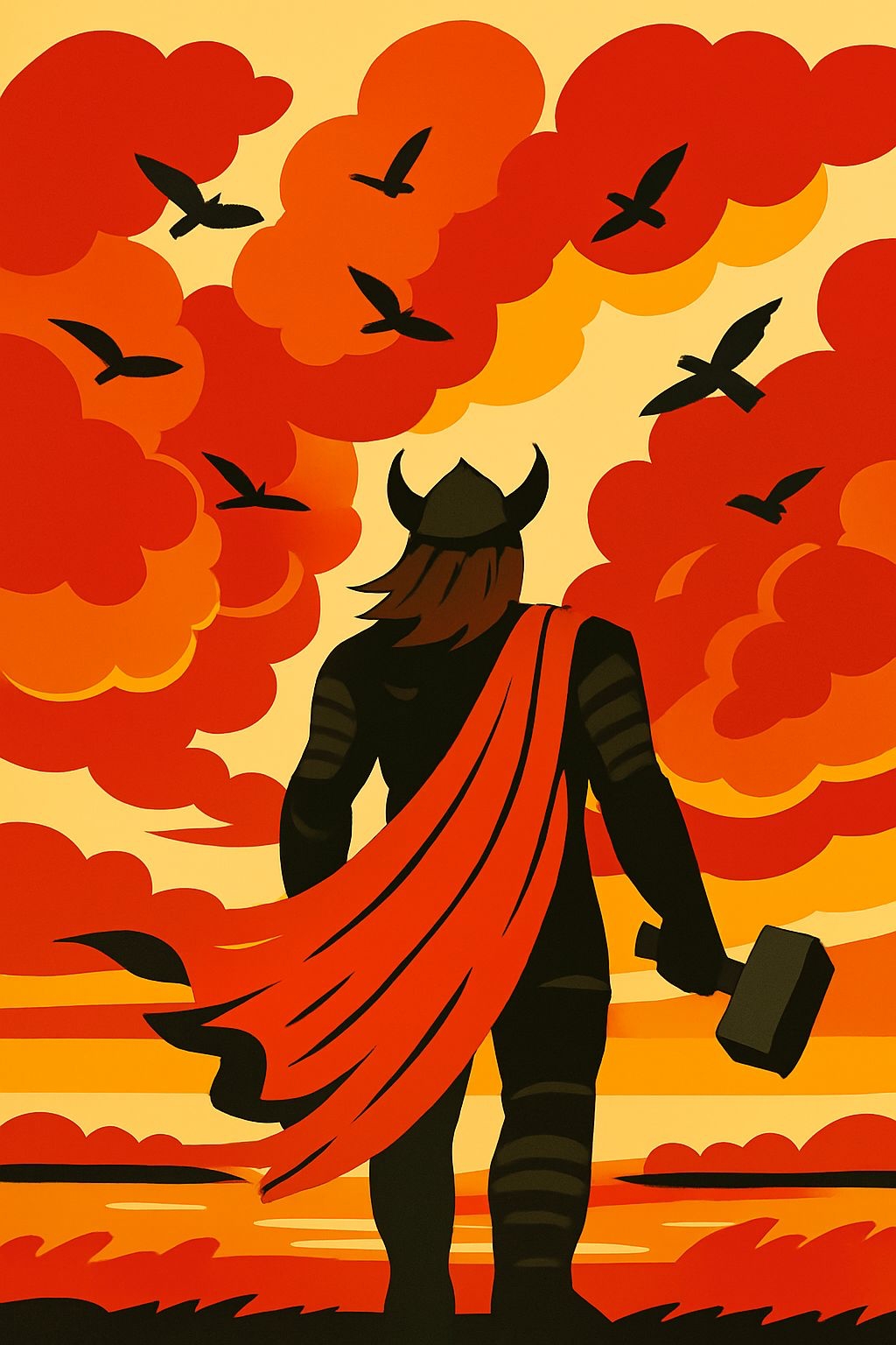 Epic Muscular Warrior in Dark Armor with Fiery Sunset Art