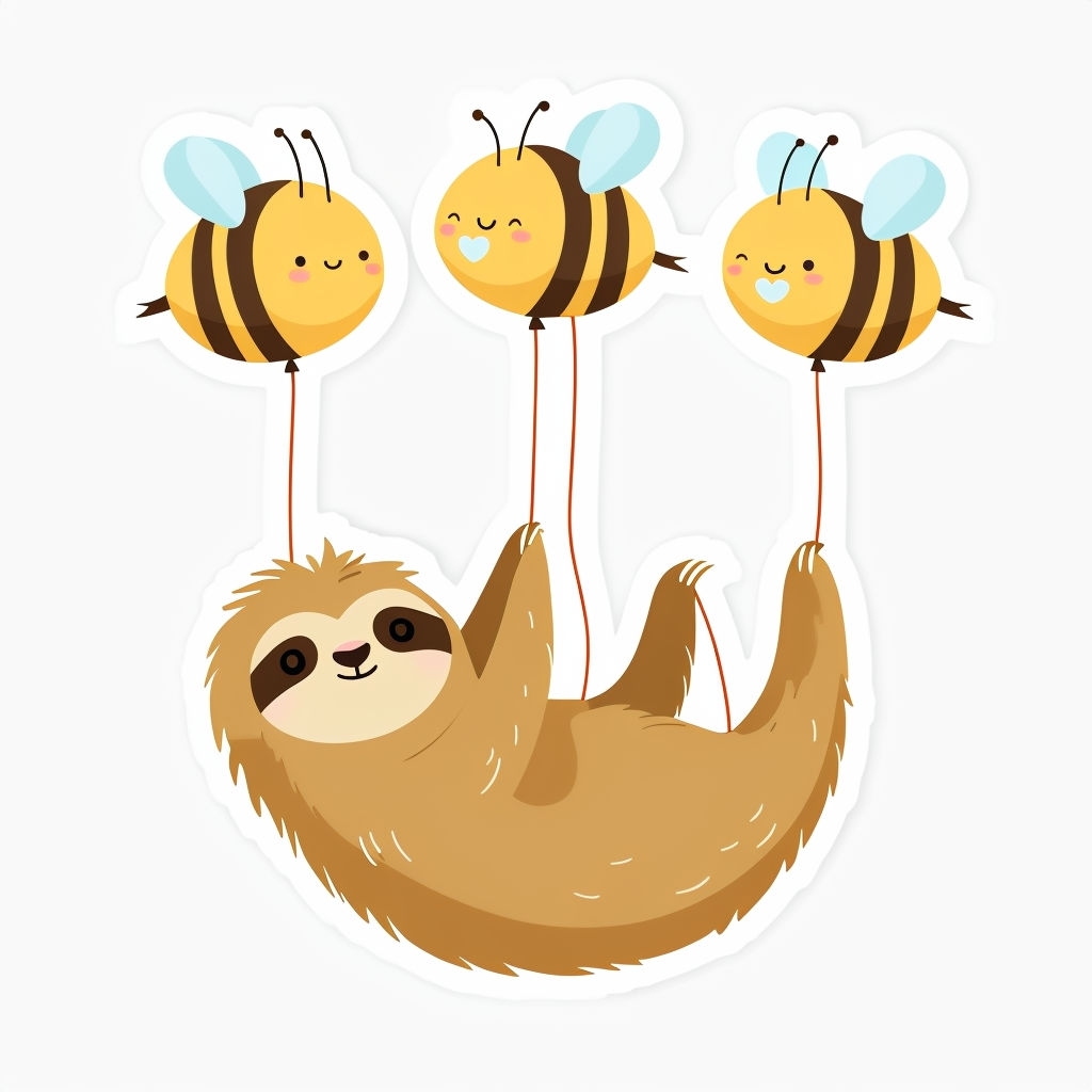 Playful Sloth Hanging from Bees Balloon Cartoon Sticker