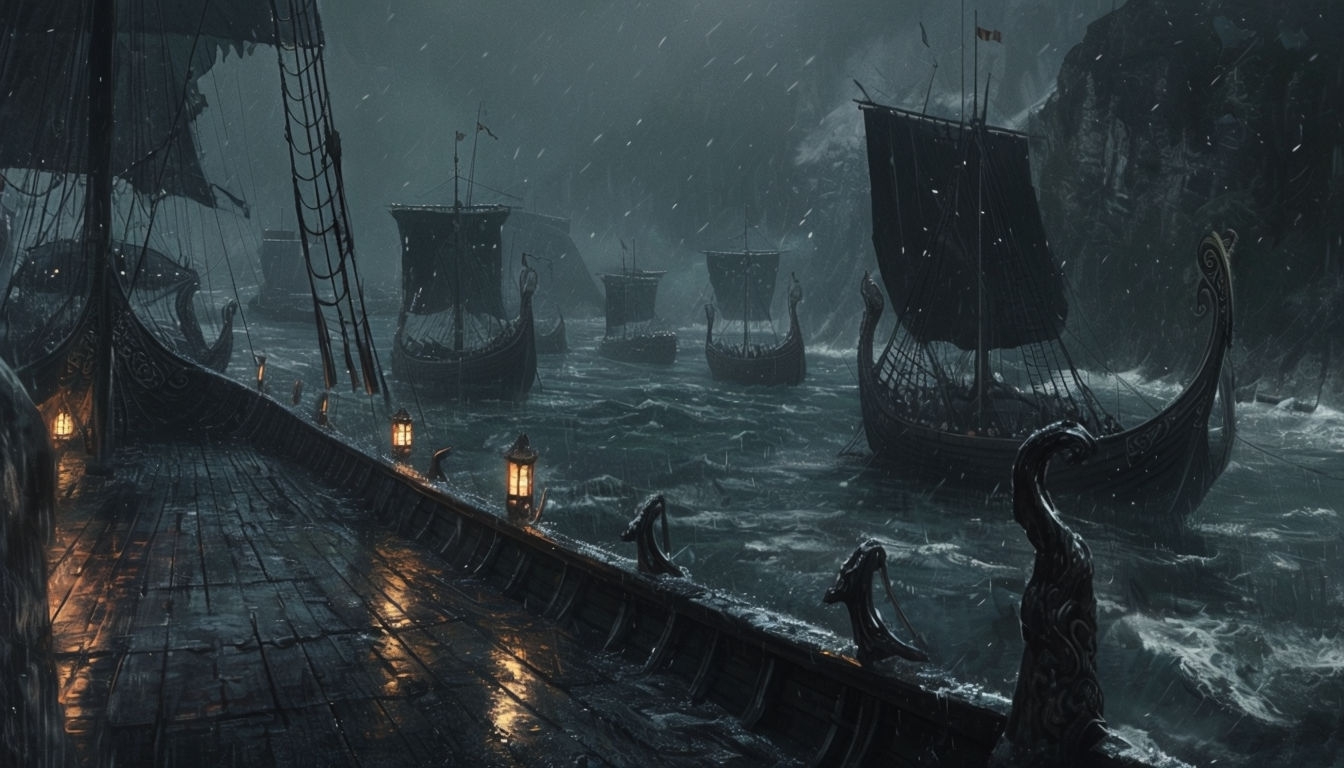 Mysterious Viking Warships at Night in a Dark Fantasy Harbor Virtual Backgrounds