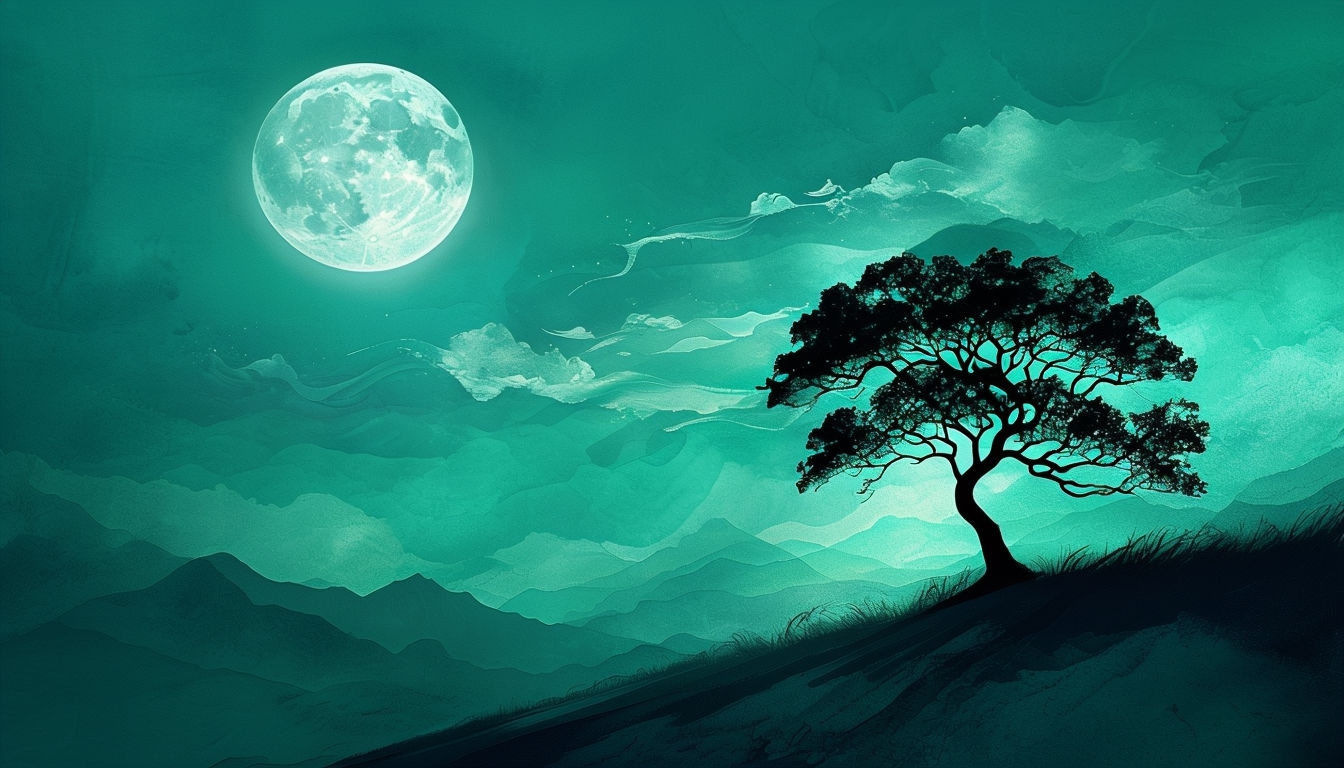 Tranquil Night Landscape with Silhouette Tree and Moon Virtual Backgrounds