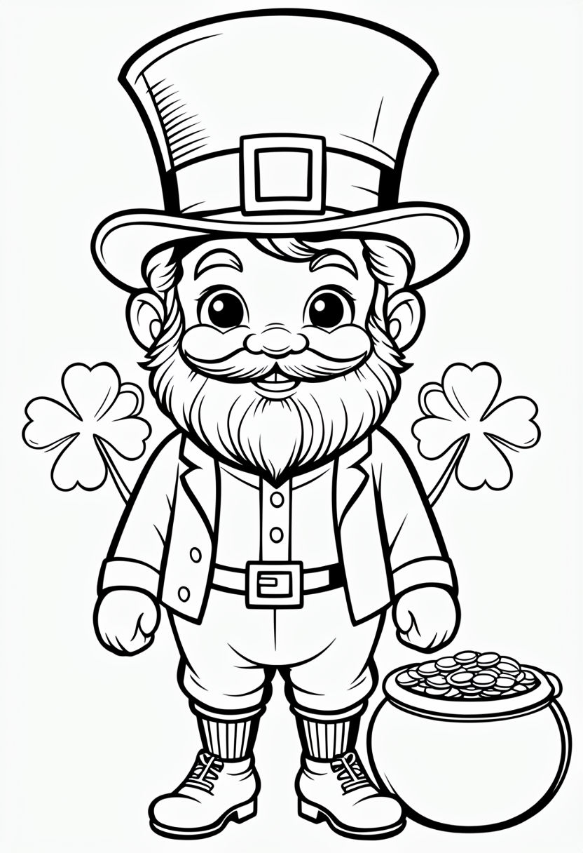 Charming Cartoon Leprechaun with Pot of Gold Coloring Page