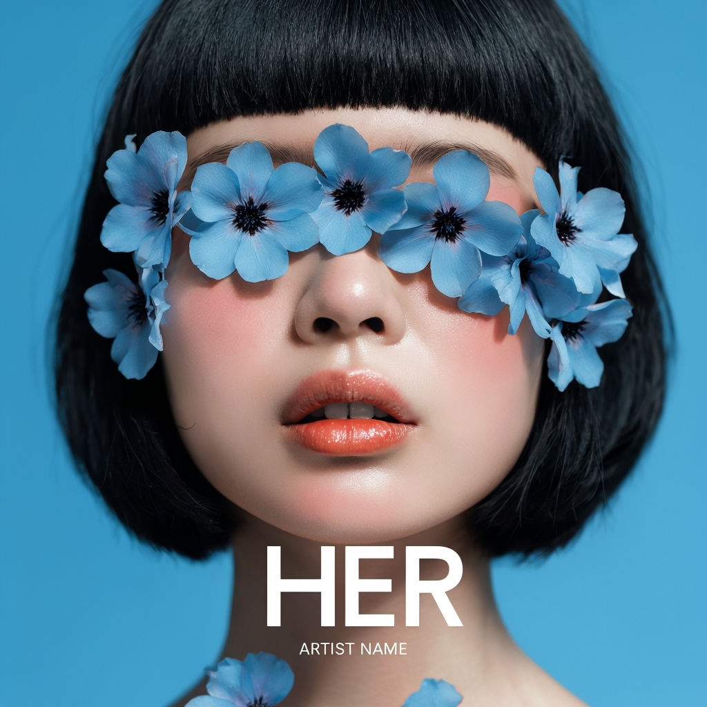 Artistic Portrait of a Person with Blue Flowers Covering Eyes Poster