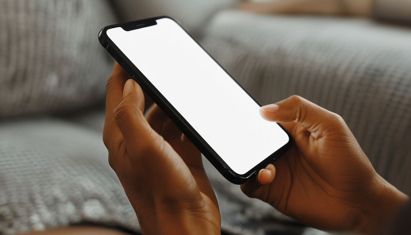 Warm-Toned Hands Holding Smartphone in Soft Interior Scene Mockup