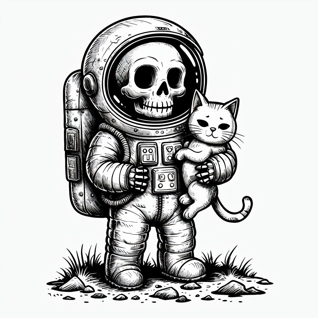 Skeleton Astronaut Holding Cat in Whimsical Cartoon Sticker