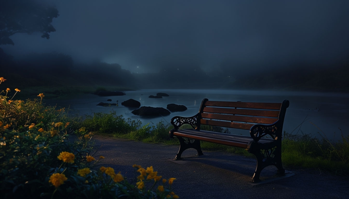 Serene Nocturnal Landscape with Park Bench Virtual Background