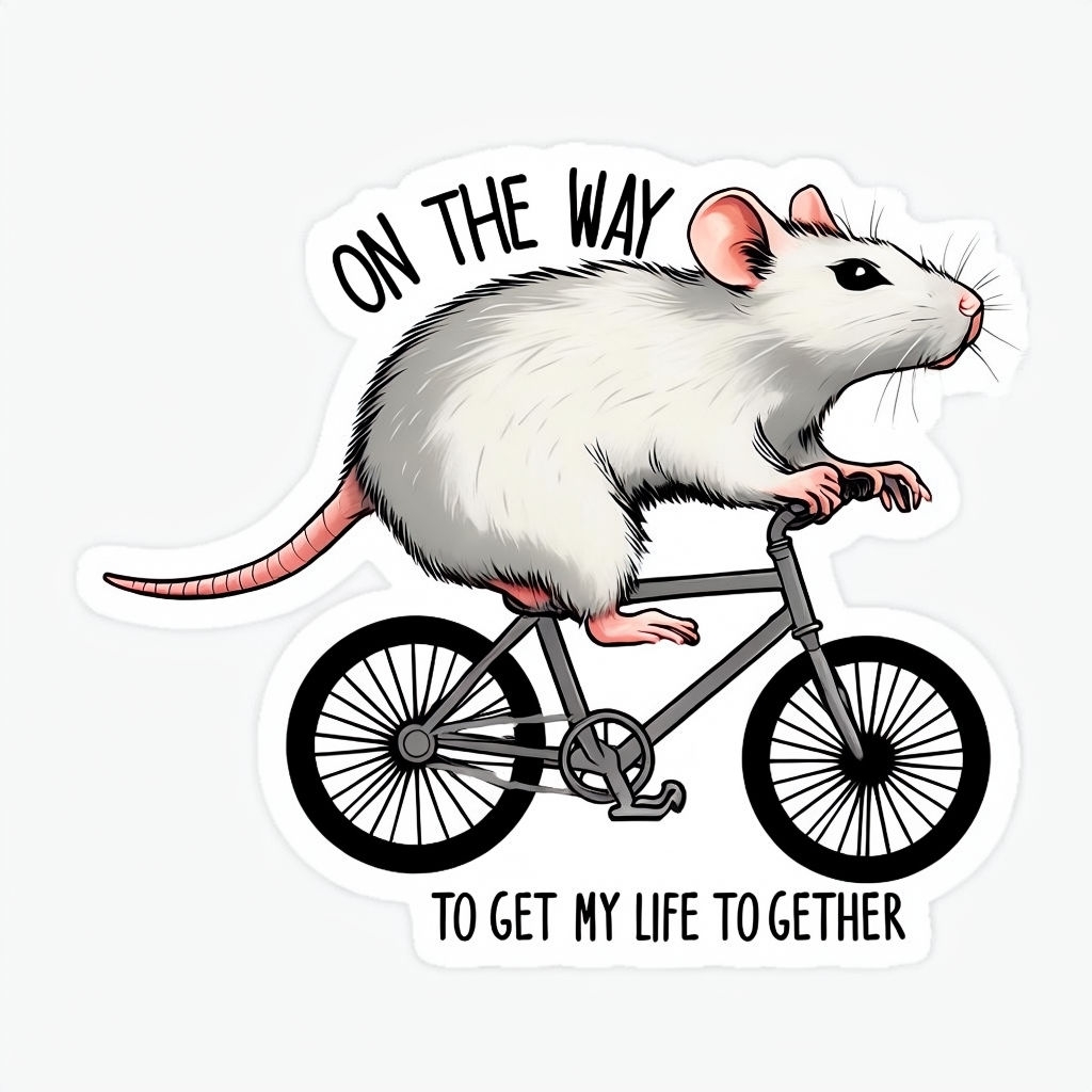 Determined Cartoon Rat Riding Bicycle Sticker for Motivation