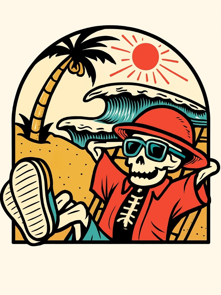 Playful Cartoon Skeleton Relaxing on the Beach T-Shirt