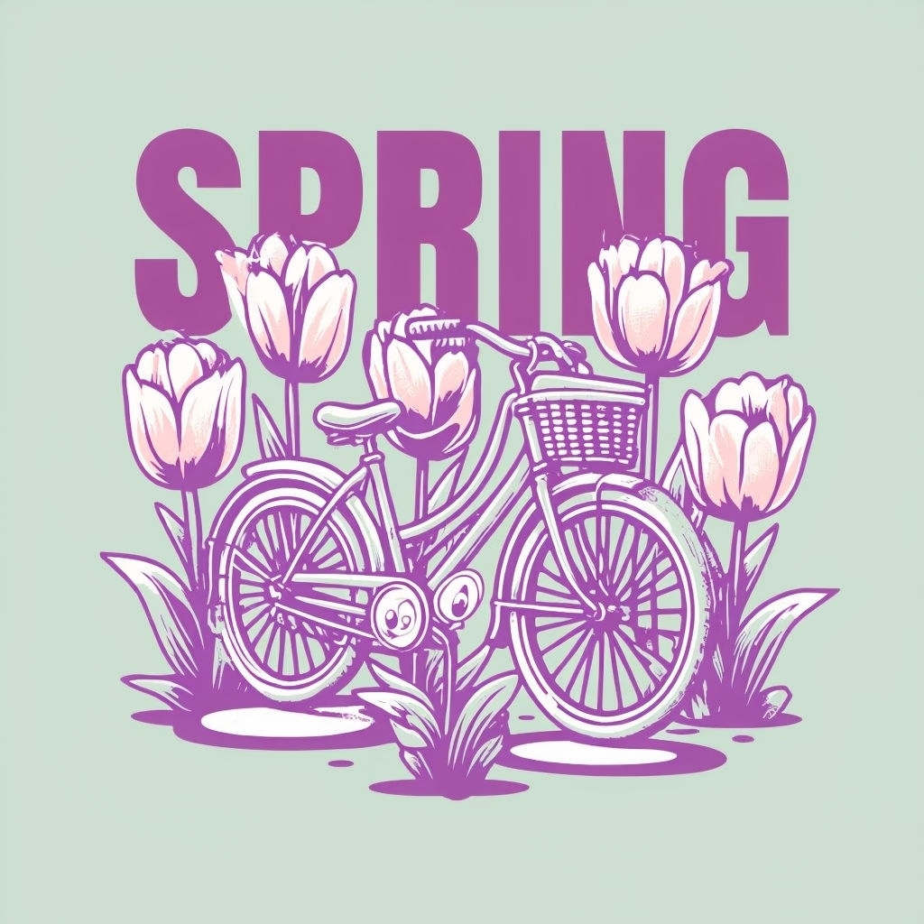 Vintage Bicycle and Tulips Spring Cartoon T-Shirt