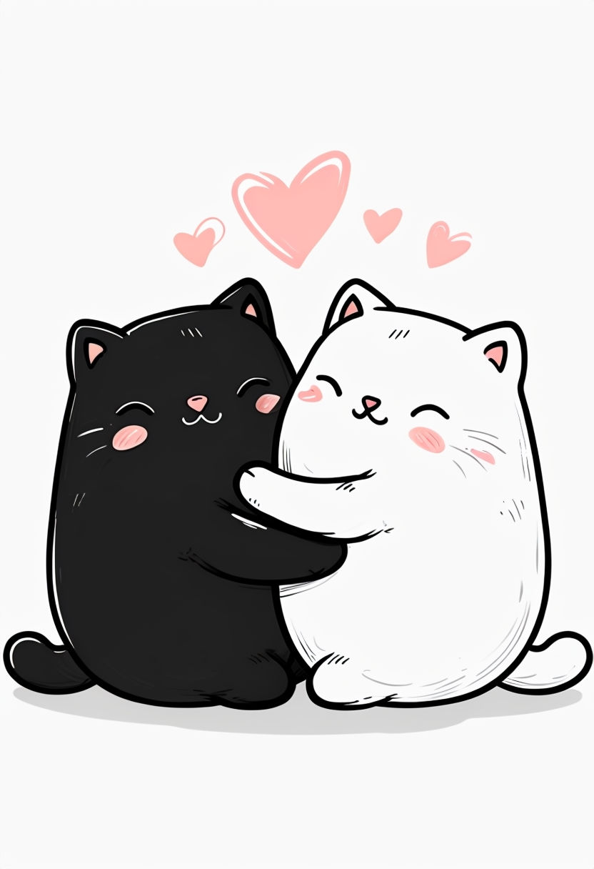 Charming Chubby Cats Hugging with Heart Illustrations Sticker