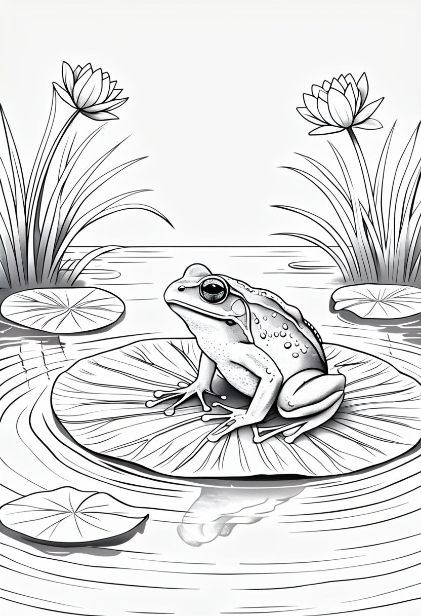 Serene Frog on Lotus Leaf Coloring Book Page Design