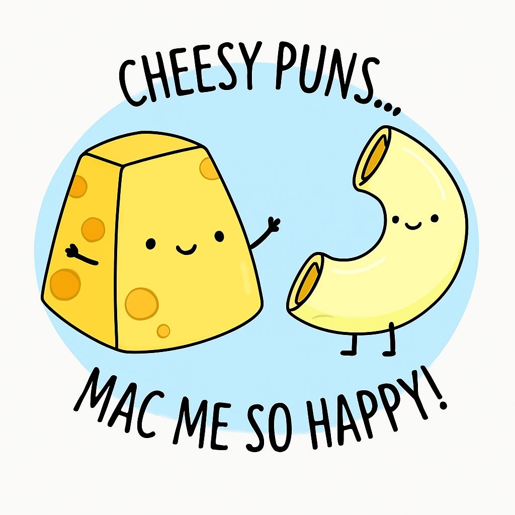 Cheerful Cartoon Cheese Characters with Cheesy Puns Sticker