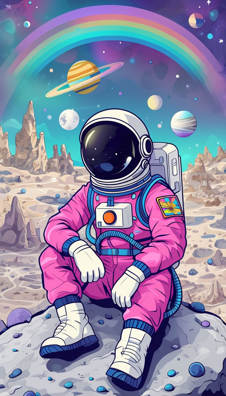 Whimsical Astronaut on Alien Planet Illustration Mobile Wallpaper