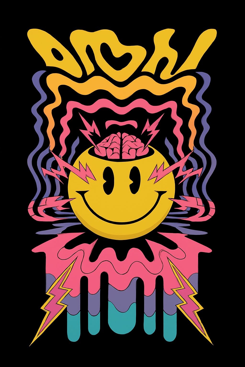 Psychedelic Yellow Smiley Face with Lightning Bolts T-Shirt