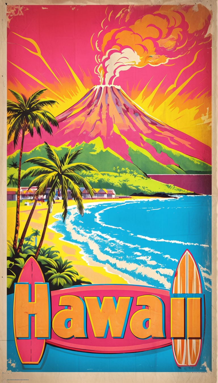 Vibrant Vintage Hawaii Travel Poster with Tropical Beach and Volcano