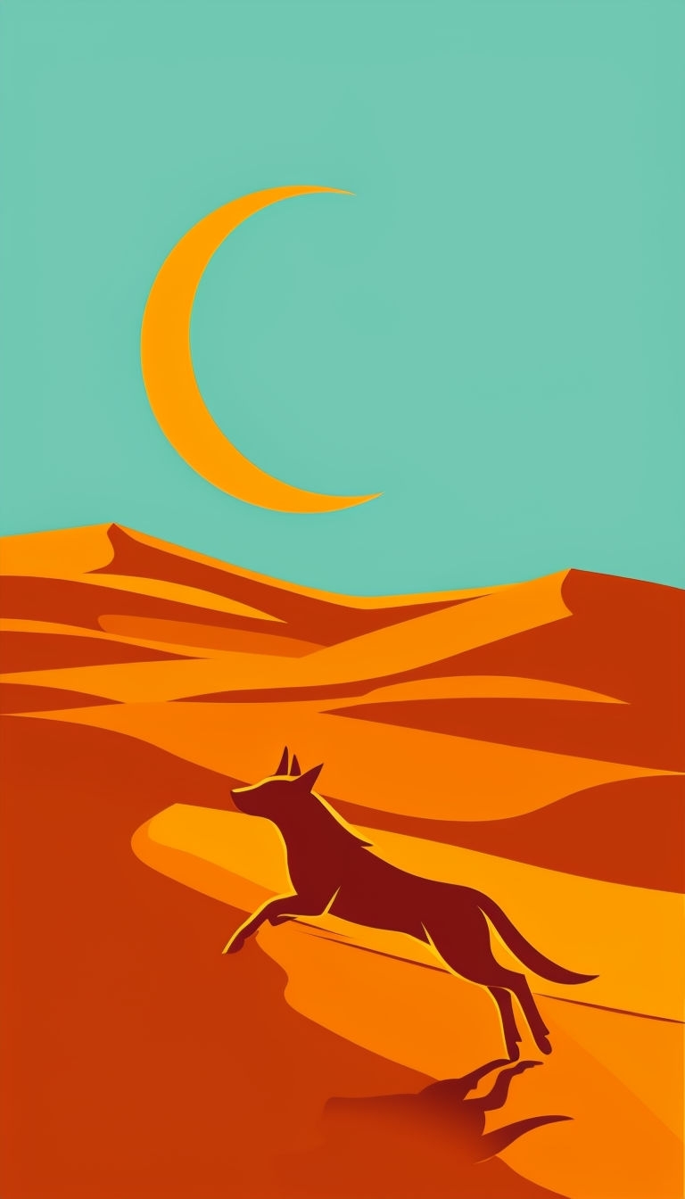 Stylized Desert Night with Leaping Coyotes Illustration Art