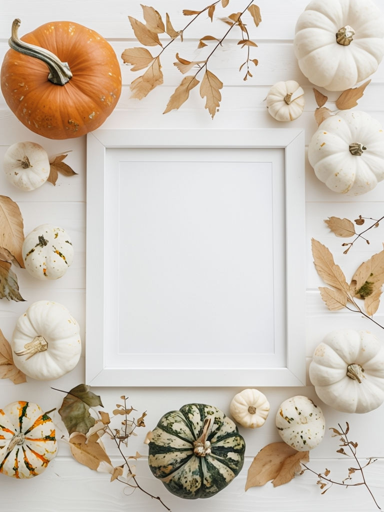 Autumn Pumpkin and Dried Leaves Flat Lay Photography Art