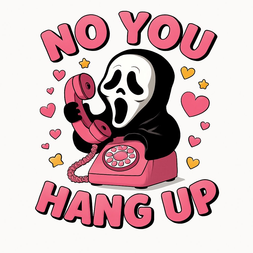 Ghostly Figure with Pink Telephone and Whimsical Design Sticker