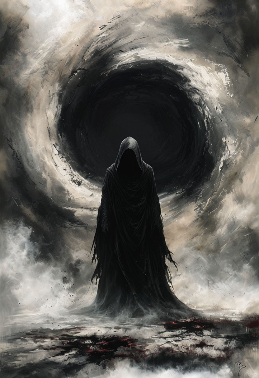 Mysterious Hooded Figure in Dark Vortex Digital Art Poster