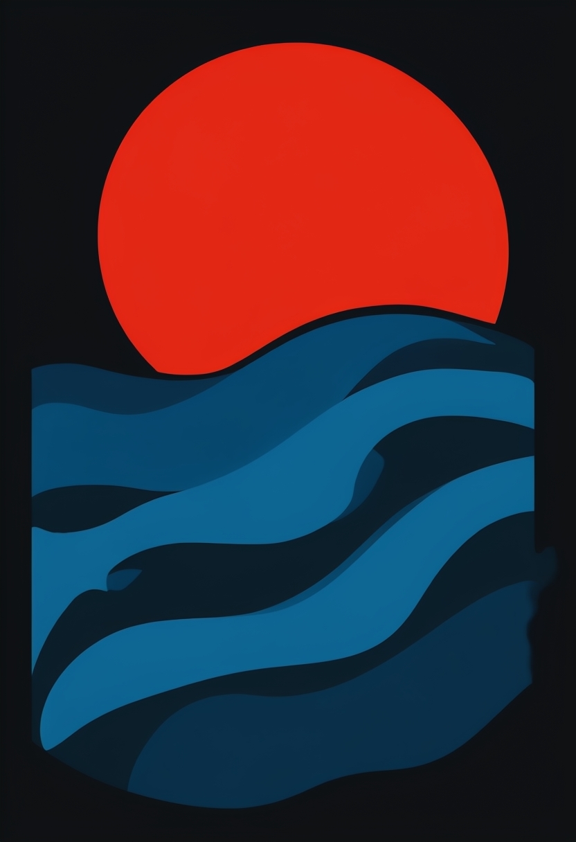 Minimalist Crimson Sun and Abstract Blue Waves Art