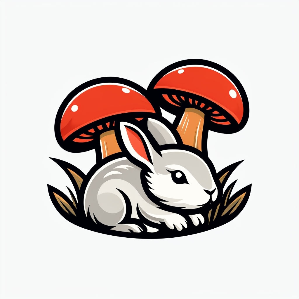 Cute Cartoon Rabbit Among Mushrooms Flat Vector Illustration Sticker