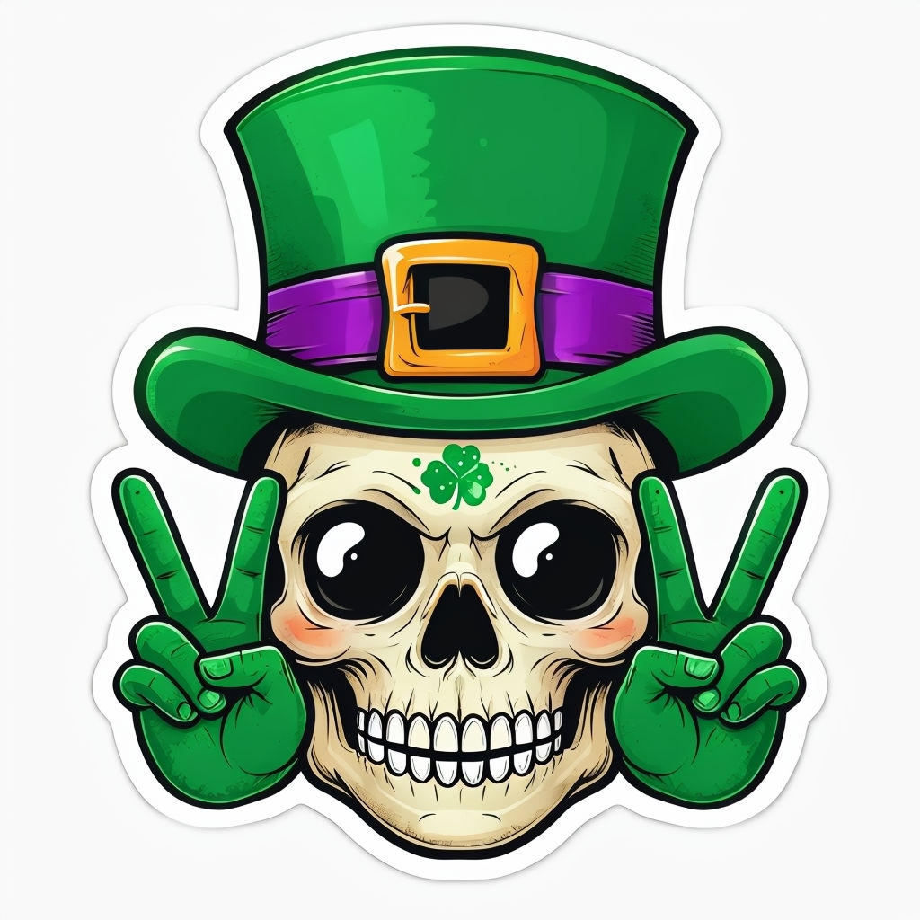 Cartoon Skull with Green Top Hat and Shamrock Sticker