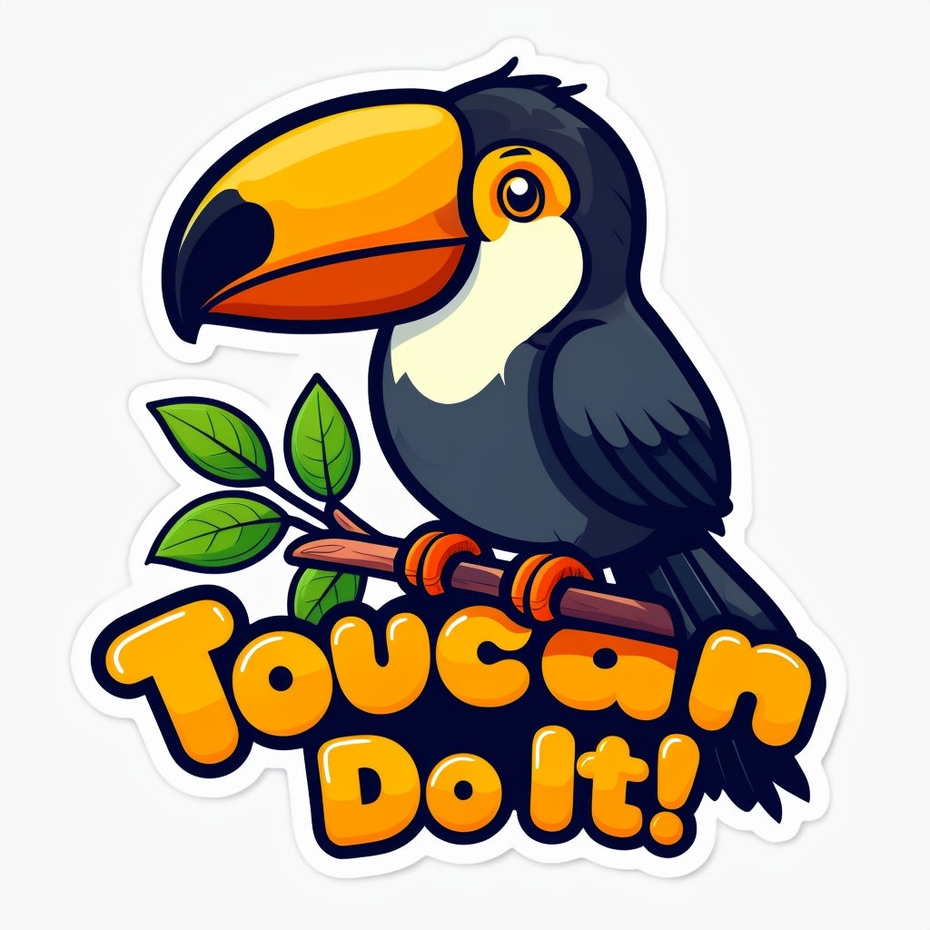 Cheerful Cartoon Toucan with 'Toucan Do It!' Text Sticker