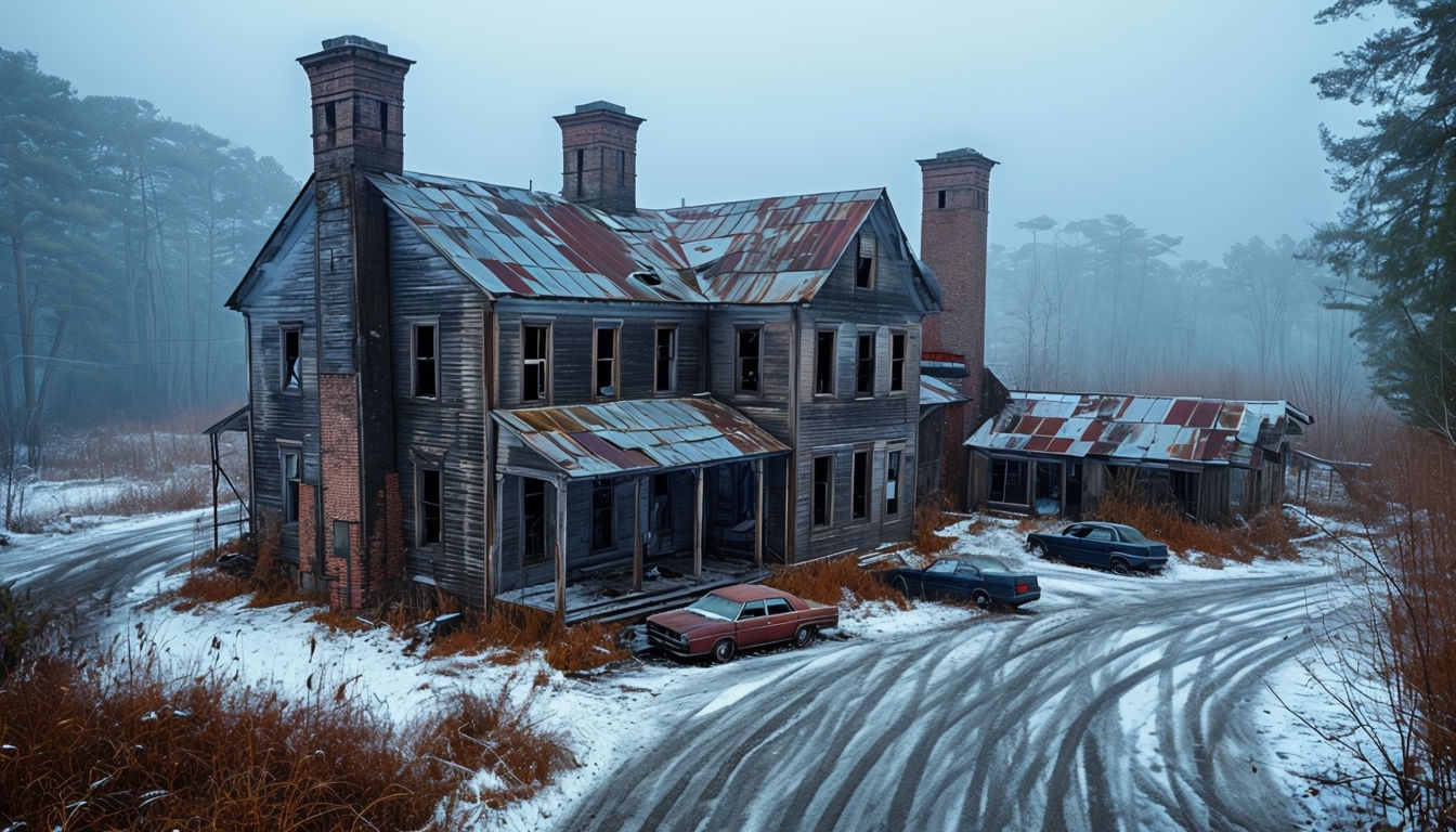 Abandoned Dilapidated Building with Overgrown Vegetation Background