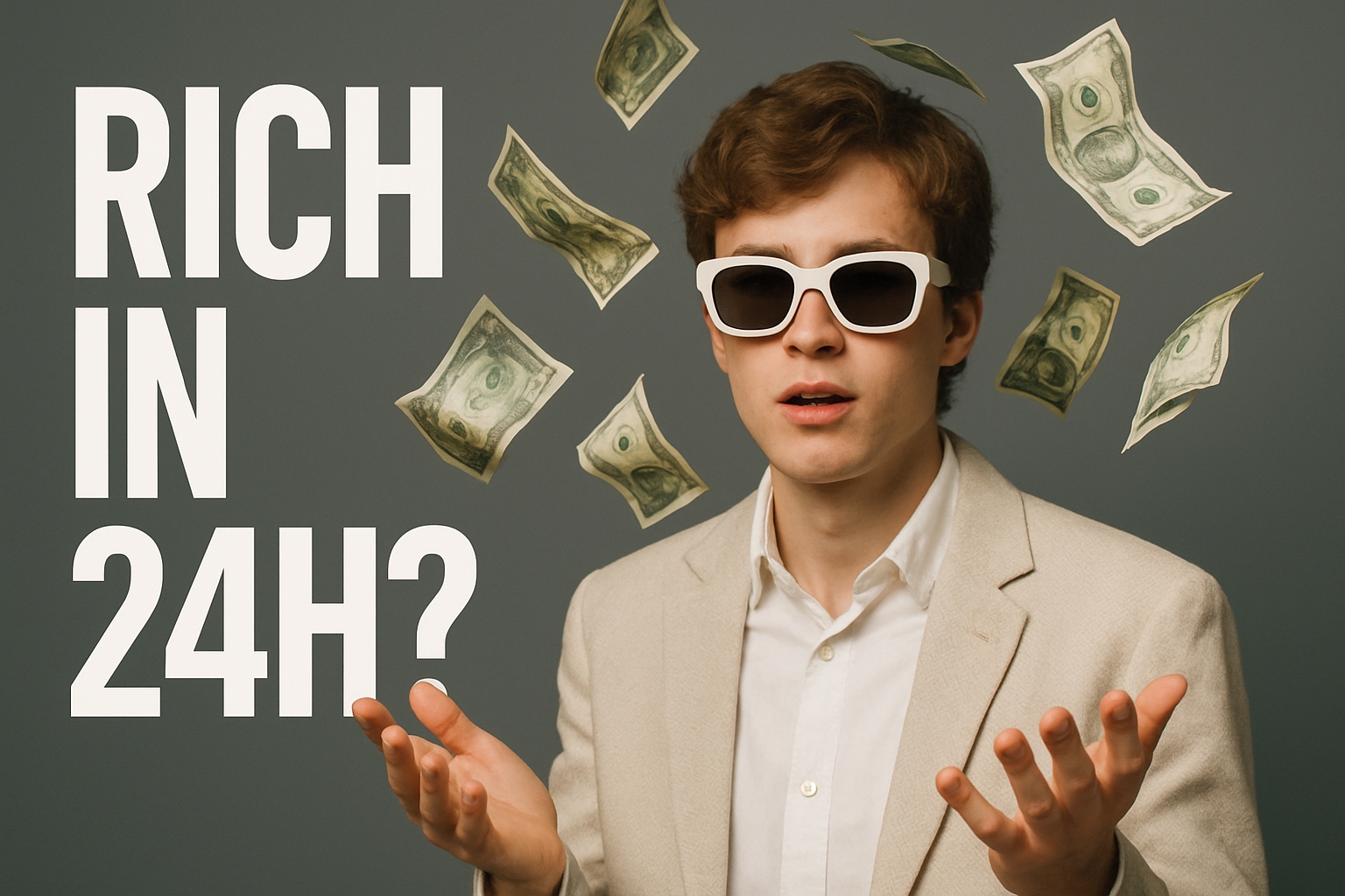 Whimsical Young Man Surrounded by Floating Money Social Media Post