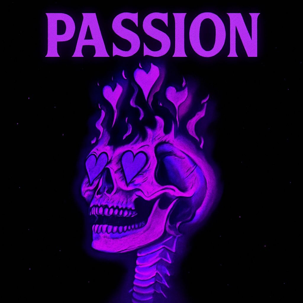 Neon Gothic Skull Illustration with Heart Flames for Passion Album Cover