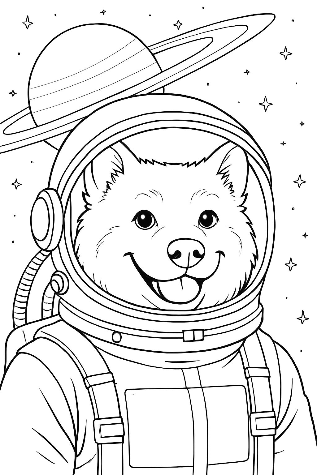 Whimsical Cartoon Dog Astronaut Line Drawing Coloring Book Page