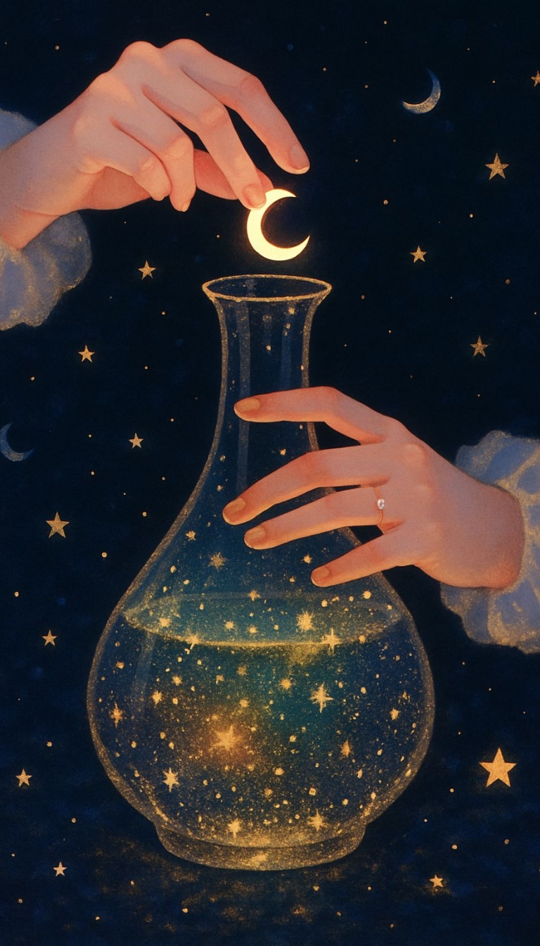 Whimsical Hands with Crescent Moon and Magical Glass Vase Mobile Wallpaper