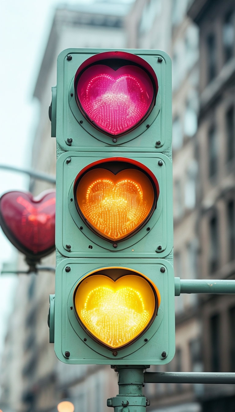 Vibrant Heart-Shaped Traffic Light Photo for Urban Aesthetic Mobile Wallpaper