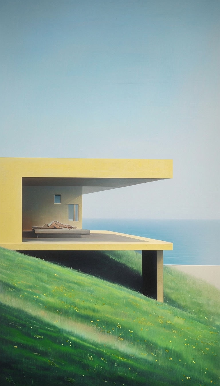 Minimalist Yellow House Landscape Painting Art