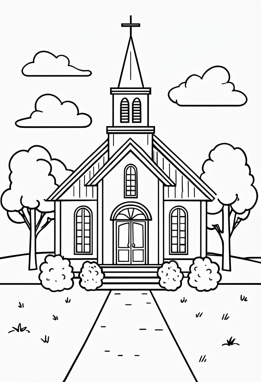 Serene Black and White Church Landscape Coloring Page