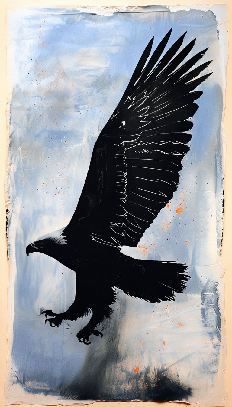 Majestic Eagle Silhouette Monotype Art on Rough Paper