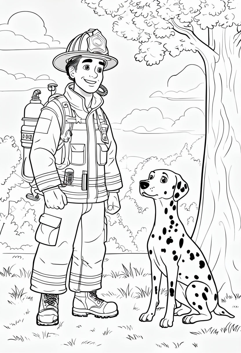 Heartwarming Firefighter and Dog Coloring Book Page