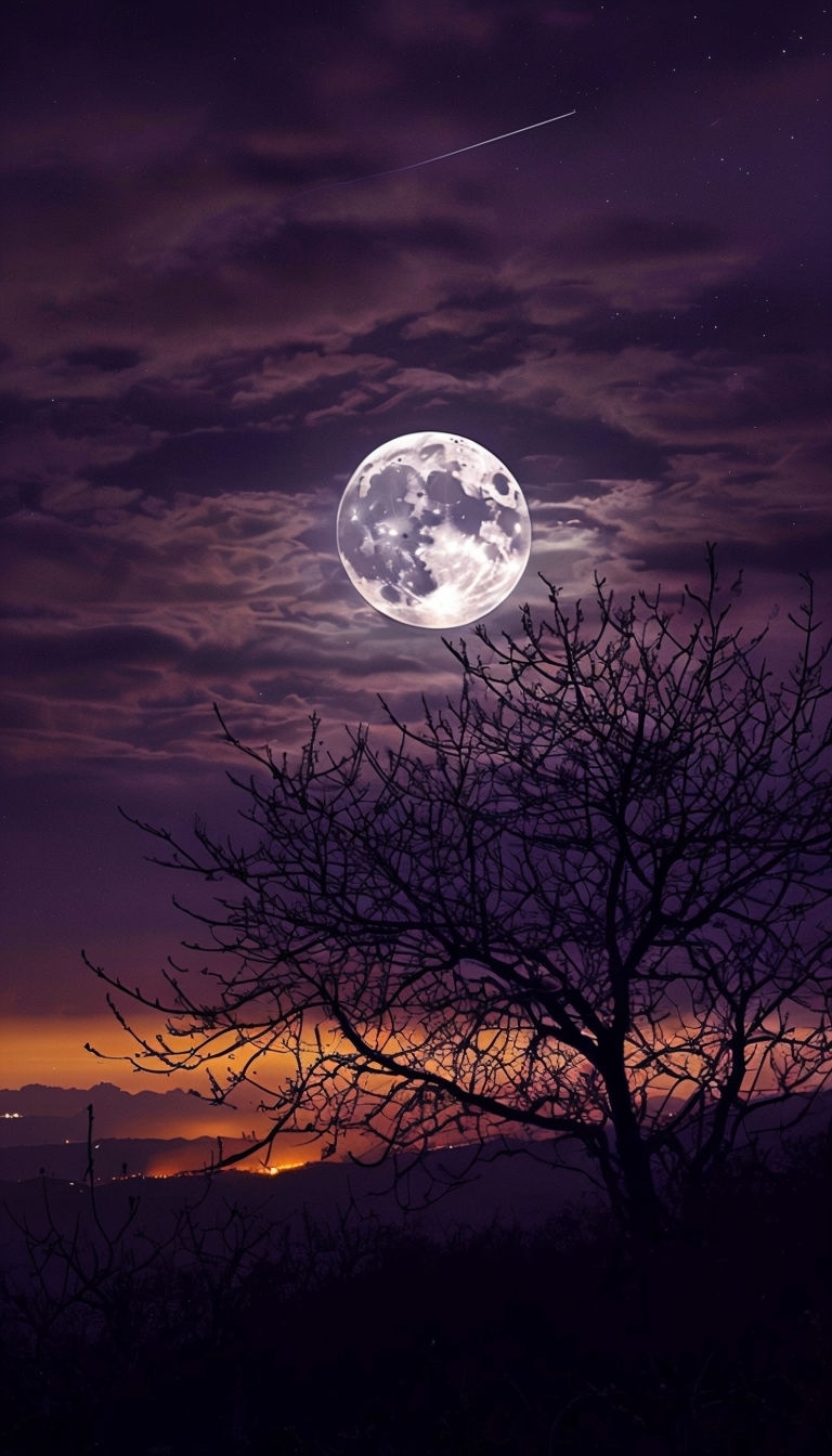 Serene Night Sky with Illuminated Moon and Silhouetted Tree Mobile Wallpaper