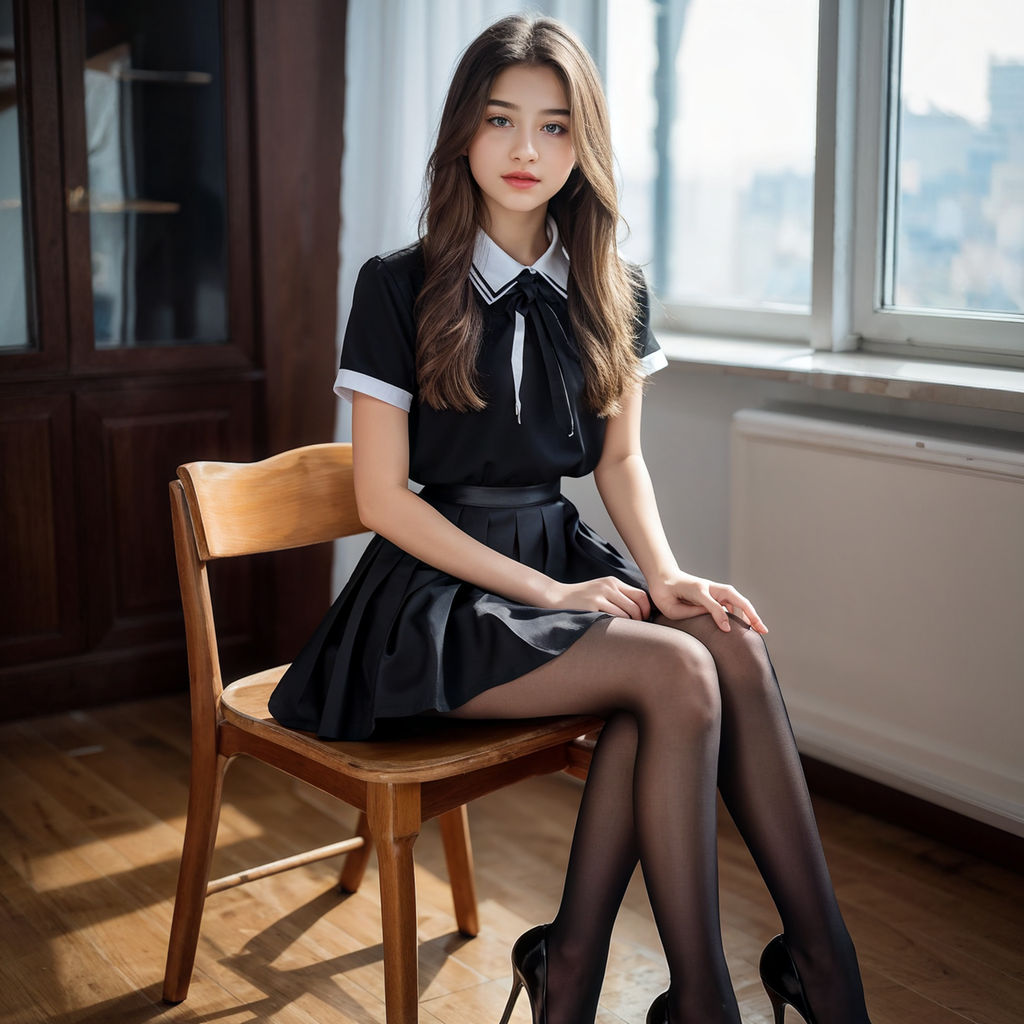 14 years old Thai-chinese cute girl with light fair skin sitting in class  wearing black tights smiling with v-finger pose