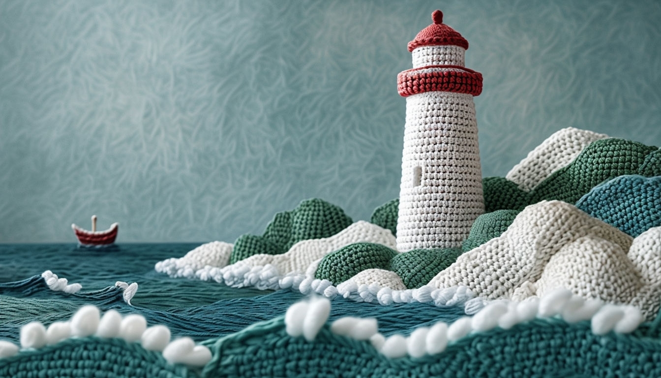 Serene Coastal Crochet Scene with Lighthouse Virtual Background