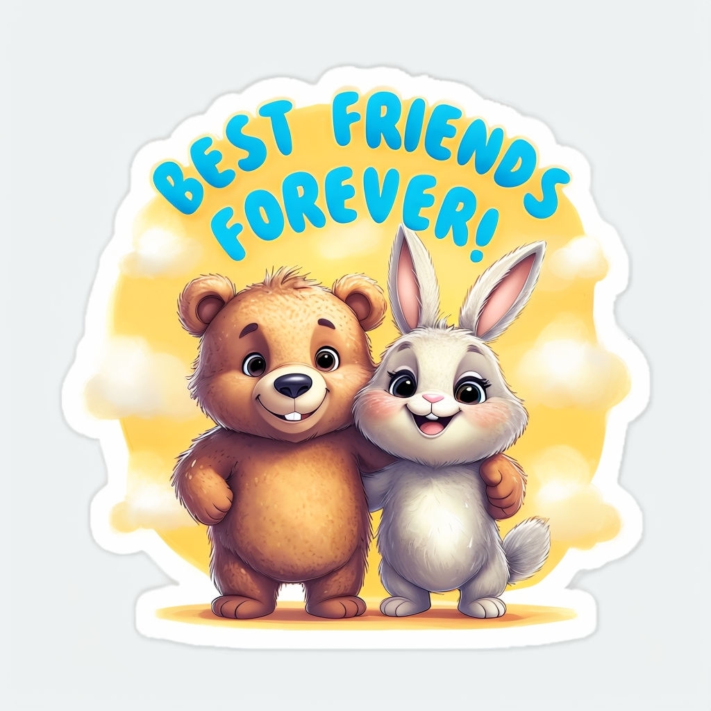 Cheerful Bear and Rabbit Best Friends Forever Sticker