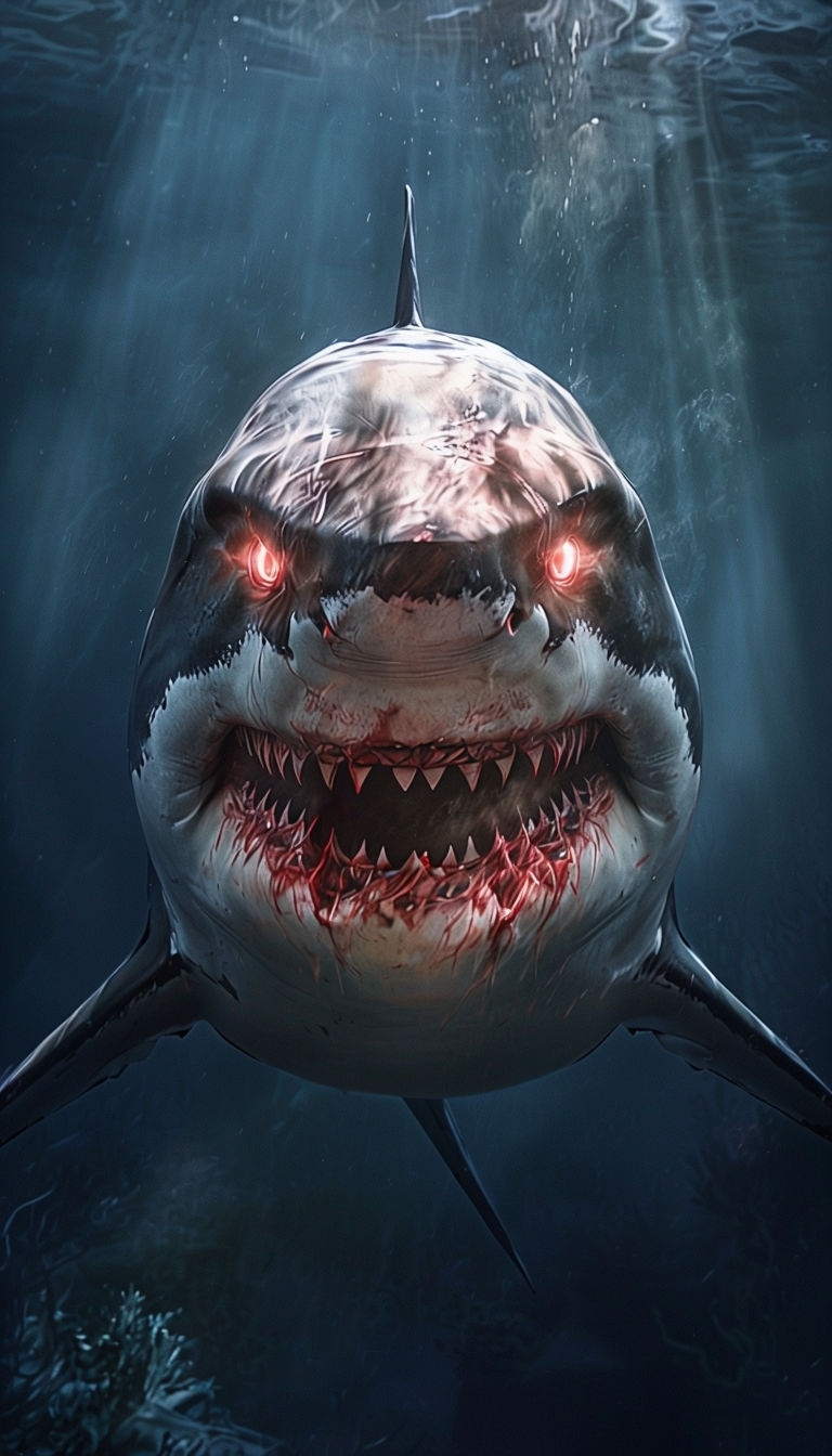 Menacing Great White Shark Swimming in Dark Underwater Scene Mobile Wallpaper