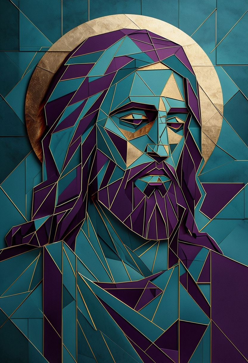 Contemporary Geometric Jesus Artwork in Teal and Purple Art