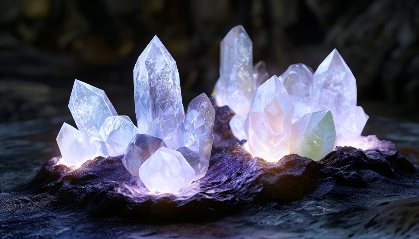 Mystical Glowing Crystal Cluster Close-Up Virtual Background