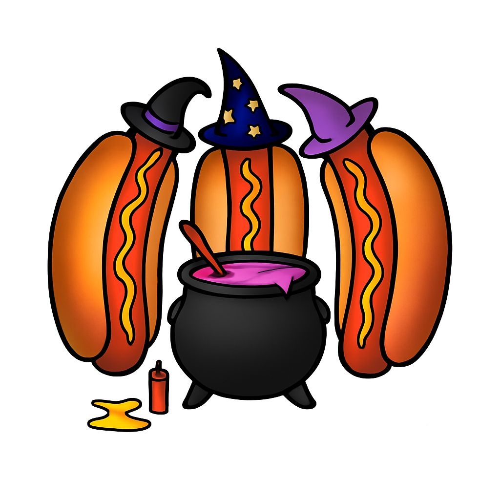Halloween Hotdogs with Witch Hats and Cauldron Illustration Sticker