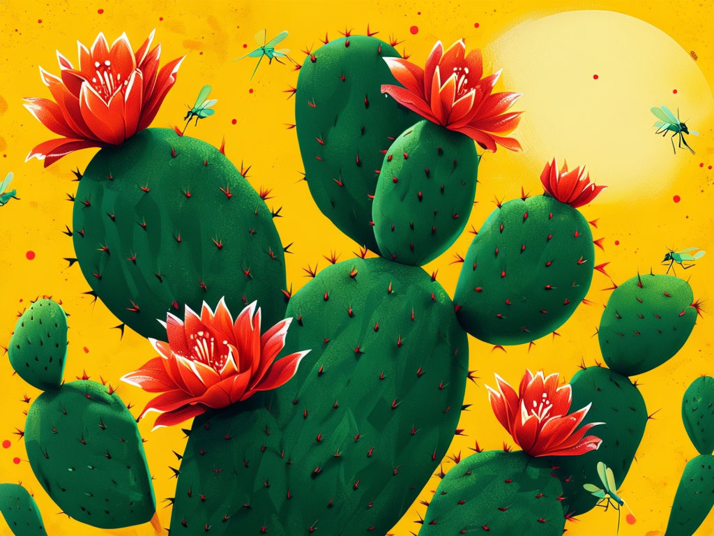 Vibrant Cactus Illustration with Red-Orange Flowers and Mosquito-Insects Art