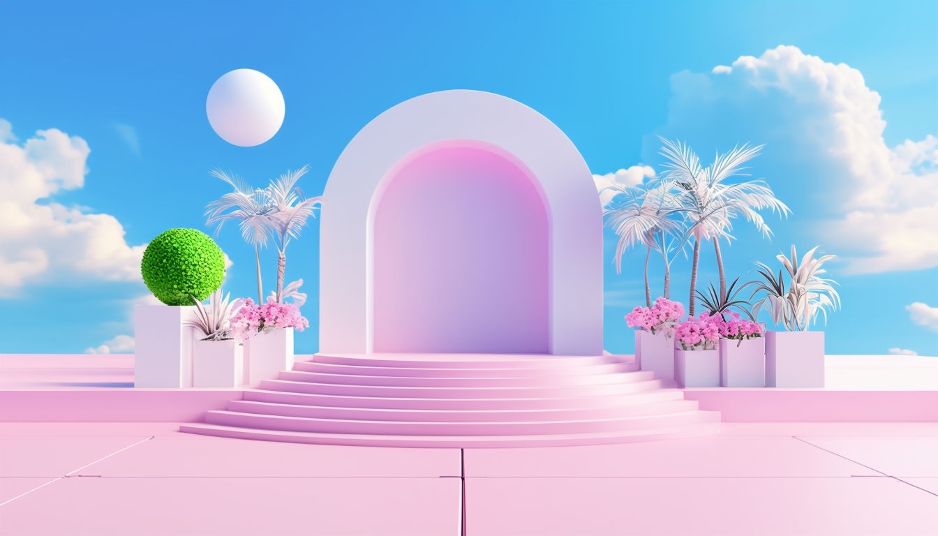 Minimalist Pink Stage with White Arch and Blue Sky Background Virtual Backgrounds