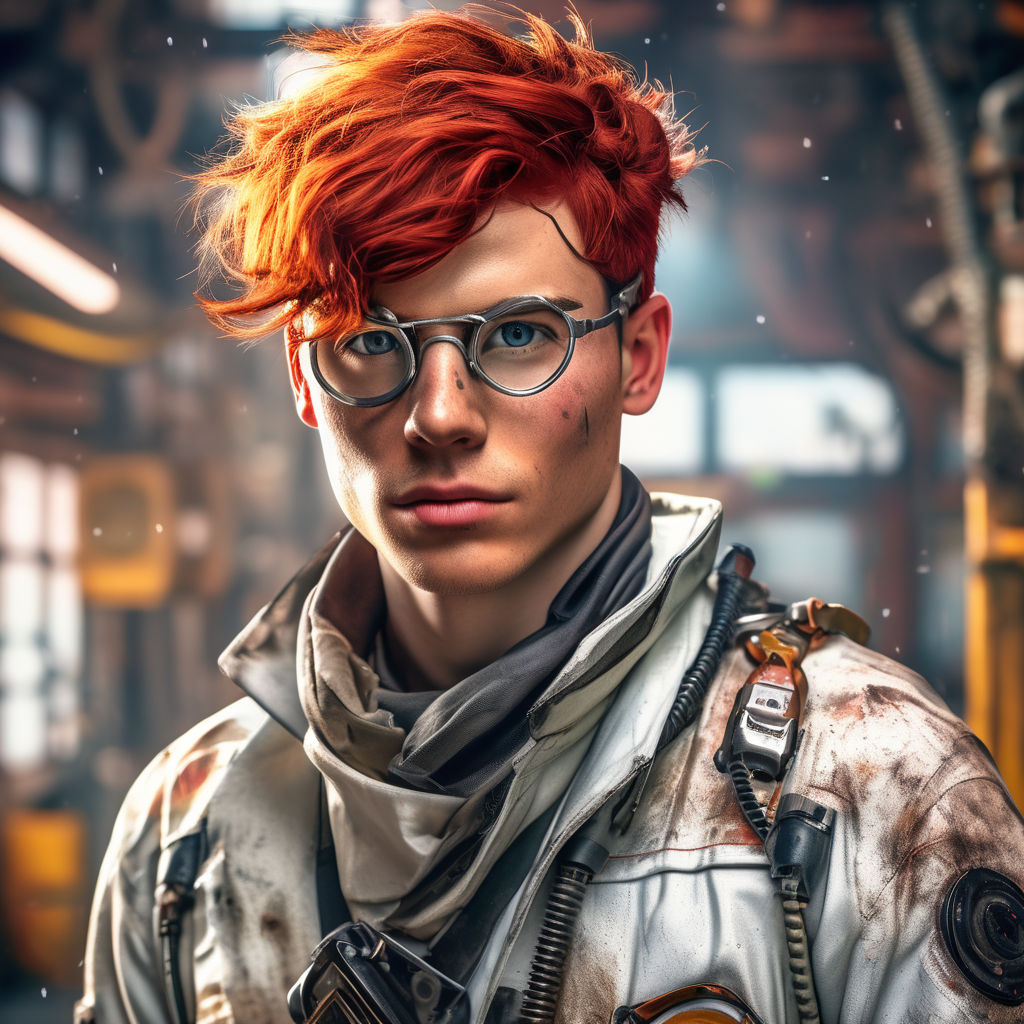 science fiction young guy red hair protective suit cyber implants